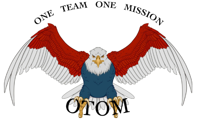 A bald eagle with wings spread and the words " one team, one mission."